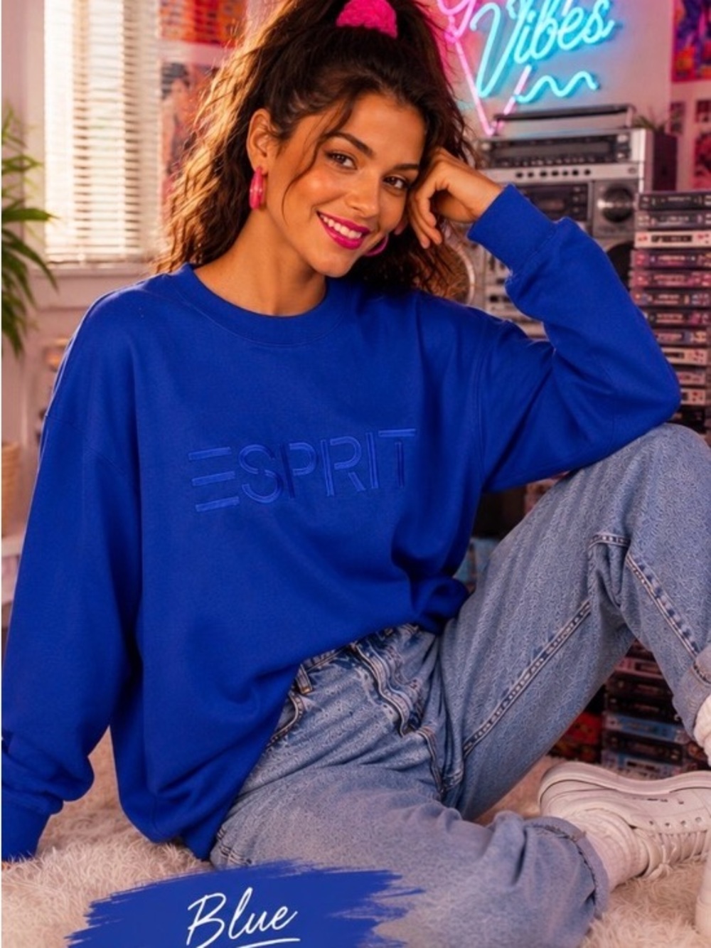 Esprit Royal Blue Crewneck Sweatshirt with Tone-on-Tone Logo
